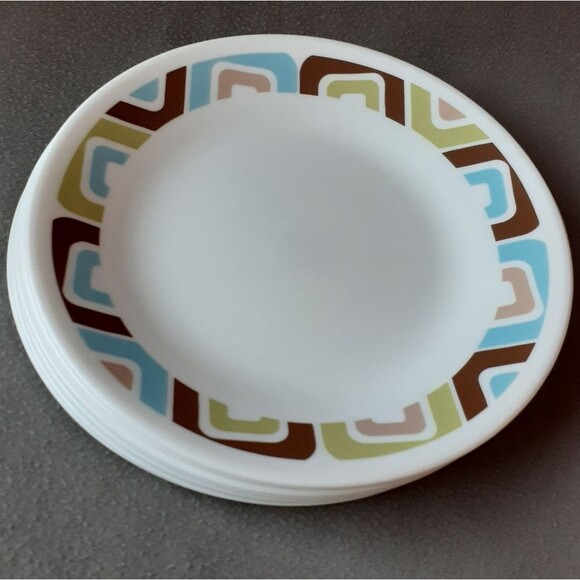 Corelle Plate Squared Pattern Small Dessert Or Bread 6 Plates Brown Blue Vintage - Picture 3 of 3